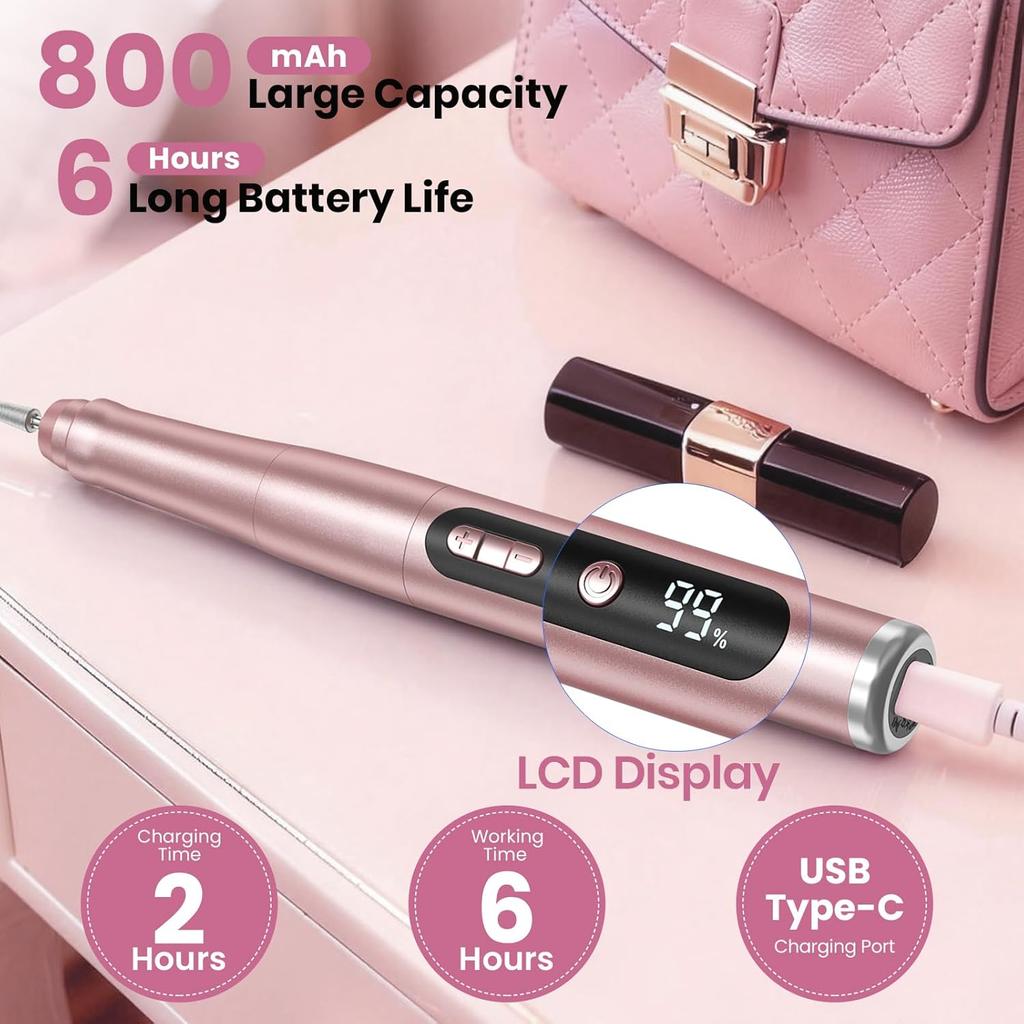 Nail Drill  Portable Electric Nail File for Acrylic Gel Nails, Professional Manicure