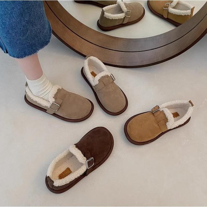 Fashion Woman Flats Round Toe Casual Sneakers Female Slip-on Loafers Winter Retro Fleece Flat Fur Slip on New Slip-on Warm Cotton Shoes