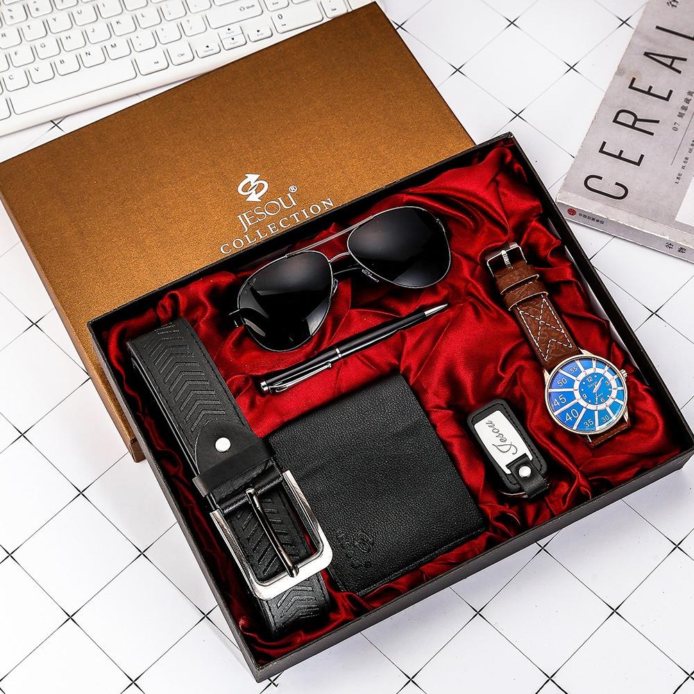Fashion 5 PCS Watch Gift Set Leather Men Watch Set Key Chain Sunglasses Pen Wallet Watch and Bracelet Set