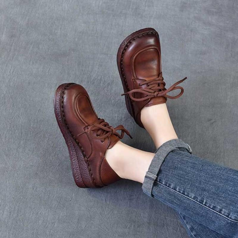 Johnature Genuine Leather Wedges Shoes Versatile Comfortable Soft Soled Lace-up Four Seasons Shoes