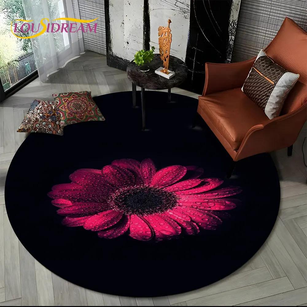 3D Daisy Nordic Flower Sunflower Round Area Rug,Carpet for Living Room Children's Bedroom Sofa Playroom Decor,Non-slip Floor Mat