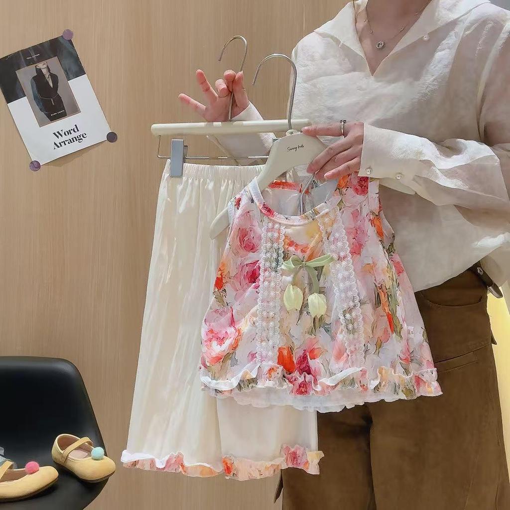 Zweiteiliges Set für Mädchen mit Blumenmuster: Monet Gartenweste & Weitbeinige Hose