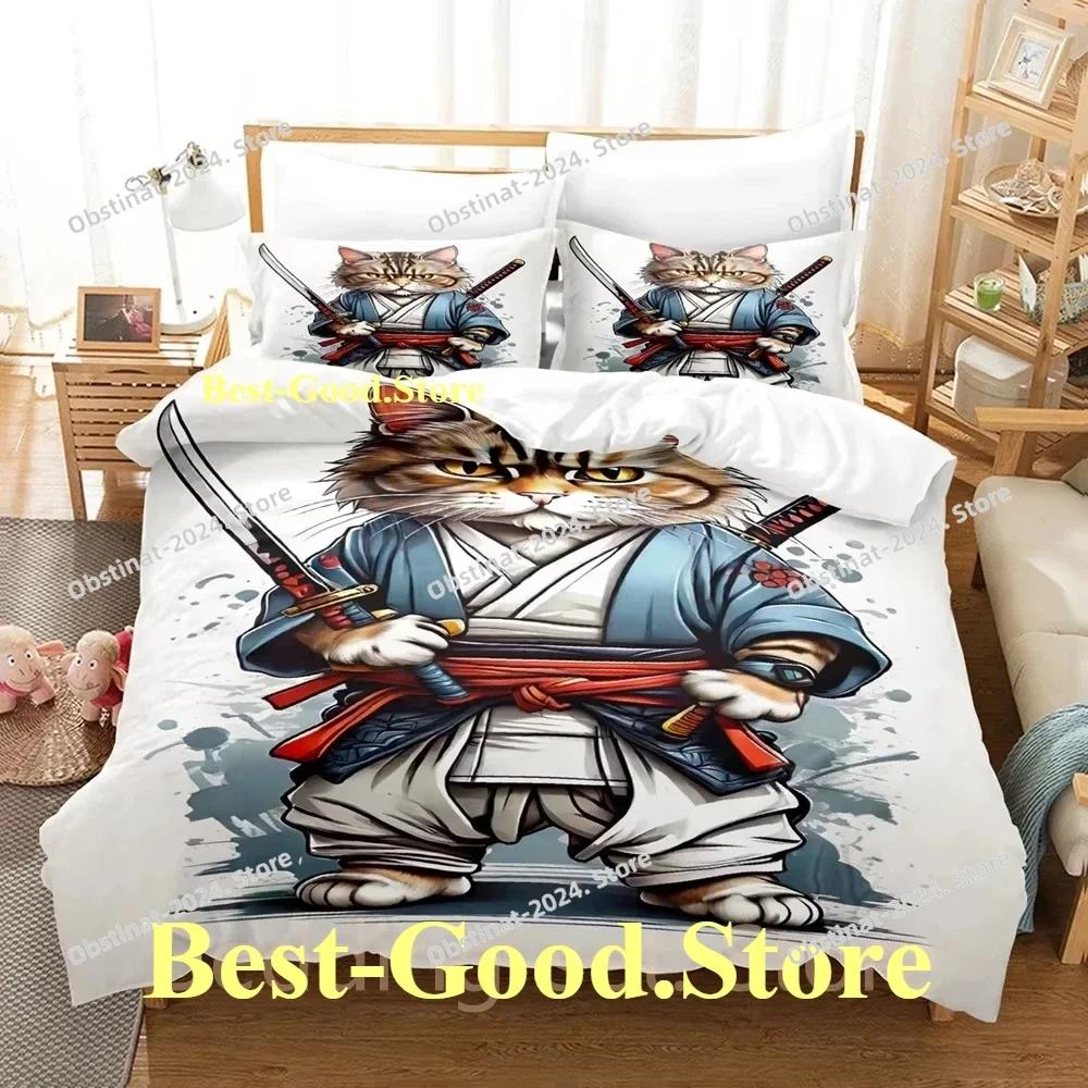 COOL Samurai Cat Bedding Set Duvet Cover Full Queen King Size Pillowcase Bed Printed Bed Set Aldult Kid Bedroom Single Twin