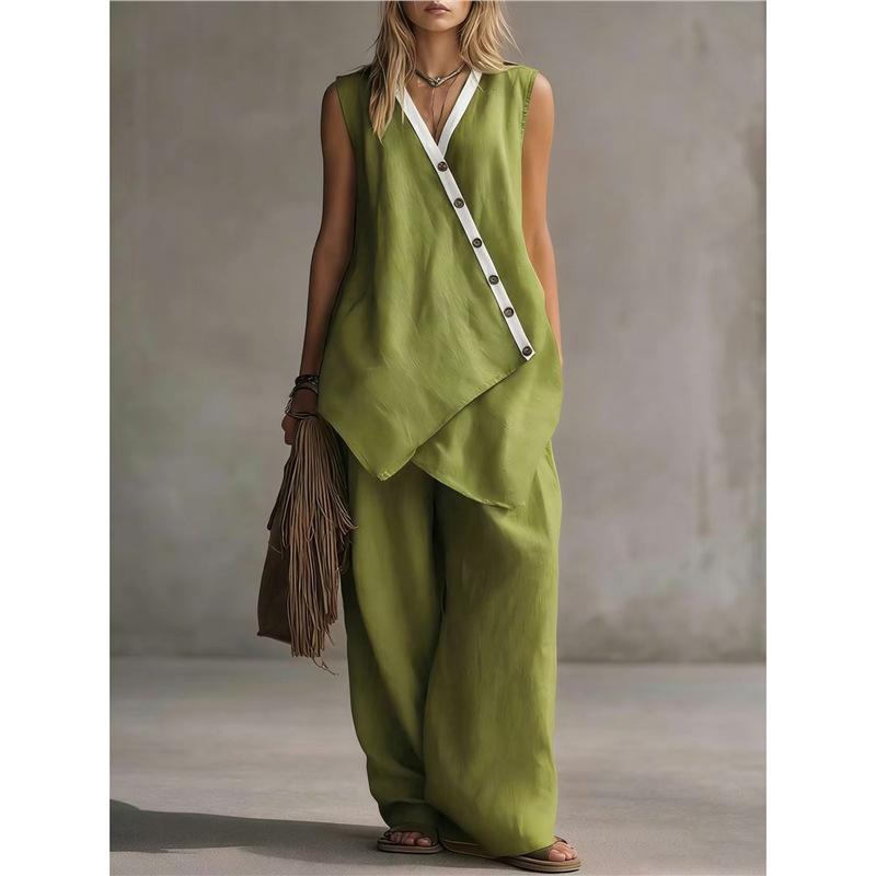 2026 spring and summer independent station European and American V-neck irregular button sleeveless vest wide leg pants casual fashion suit