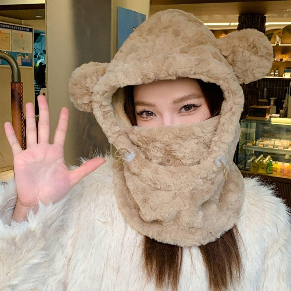 Plush Balaclava Hat Keep Warm Mask Skullies Set Kawaii Hooded Scarf Pullover Hat Female/Girls