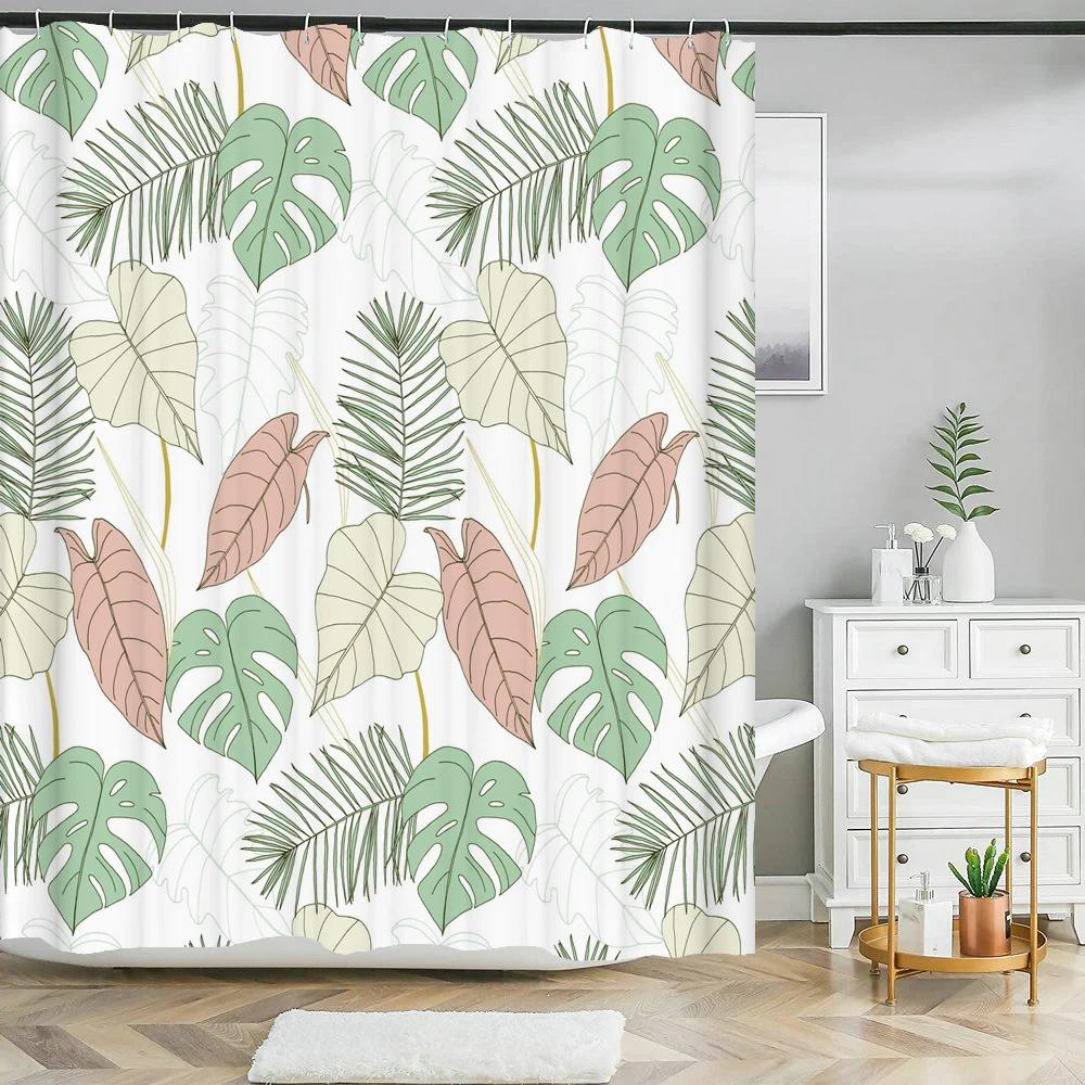 Tropical Green Plant Shower Curtain Leaves Printed Washable Bath Curtain Waterproof Polyester Fabric Bathroom Curtains