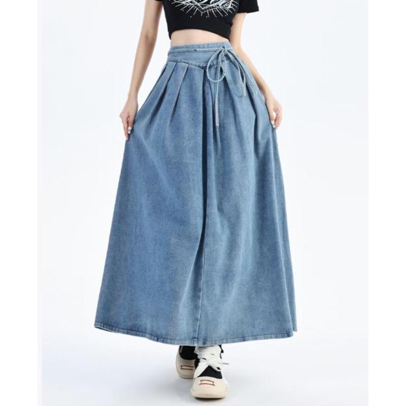 Lace Up Corset Midi Long Skirts Women Spring Summer Korea Style Vintage High Waist Jean Skirt A Line Ruffle Pleated Denim