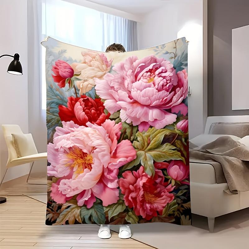 Vintage Peony Flower Flannel Blanket Romantic Floral Print Soft Warm Throw Blanket for Bed Sofa Couch Home Decor Multiple Sizes