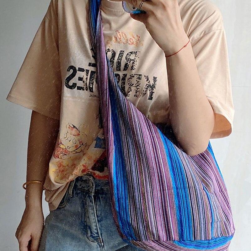 Bohemian Canvas Shoulder Crossbody Bag Womens Large Capacity Versatile Ethnic Shopper Tote Bag
