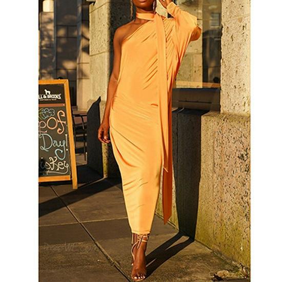

New Style Irregular Long Skirt: Loose One-Shoulder Long-Sleeved Dress with Hanging Neck S жовтий