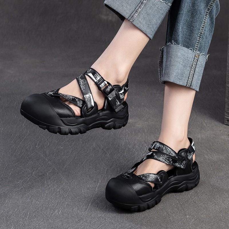 Johnature Leisure Thick Sole Round Toe Sandals Breathable Shallow Hook& Loop Casual Women's Shoes
