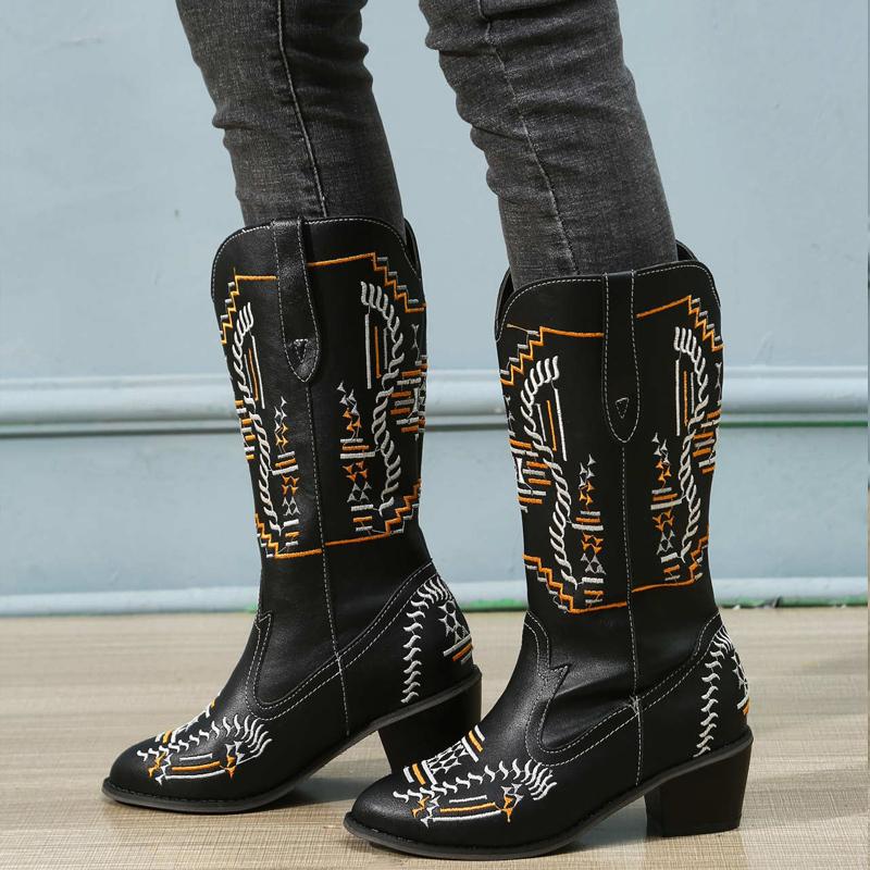 36-43 Retro Knight Boots American Style Heels Emboridery Leather Boots ...