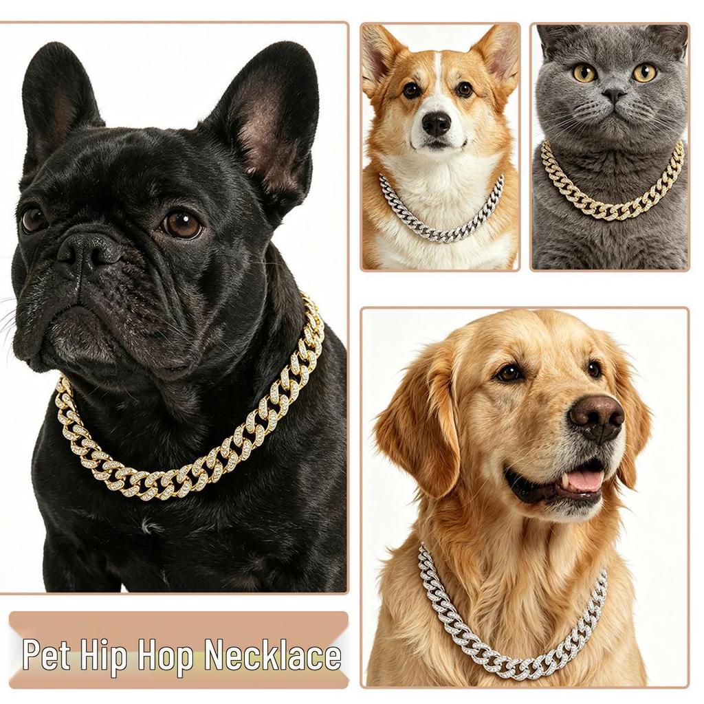 Gold Cuban Chain Diamond Pet Collar & Leash for Cats and Dogs