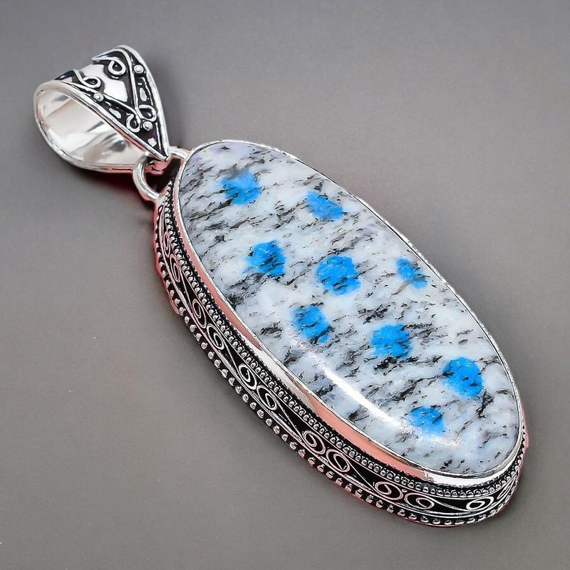 K2 Azurit Edelstein Handgefertigt 925 Sterling Silber Schmuck Anhänger 2,17" AH-870