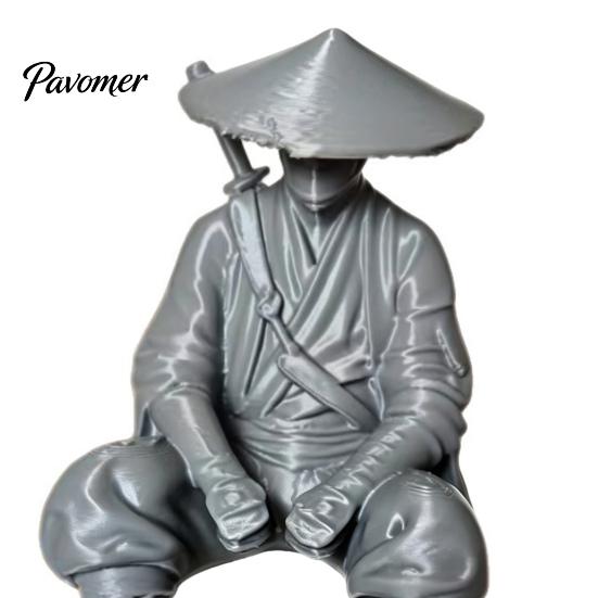 Traditional Chinese Martial Arts Art 3D Printed Ancient Hermit Warrior Figurine, Swordsman Statue with Bamboo Hat, Zen Tea Table Ornament Mini Desktop