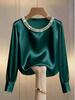 2026 French High-End Pearl Round Neck Satin Top for Women - Spring/Summer Collection