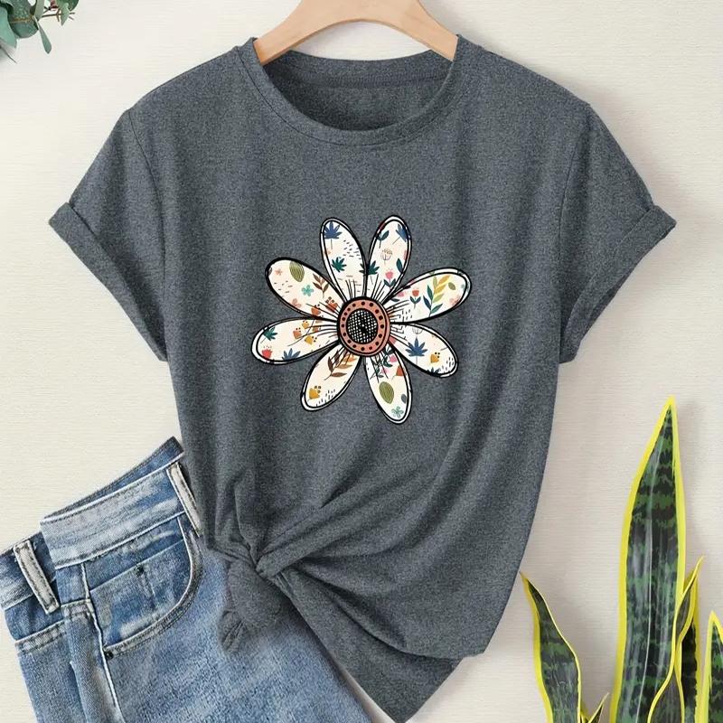 Women Summer T Shirt Retro Fashion Short Sleeve Tees Casual Flower Printed  Tops