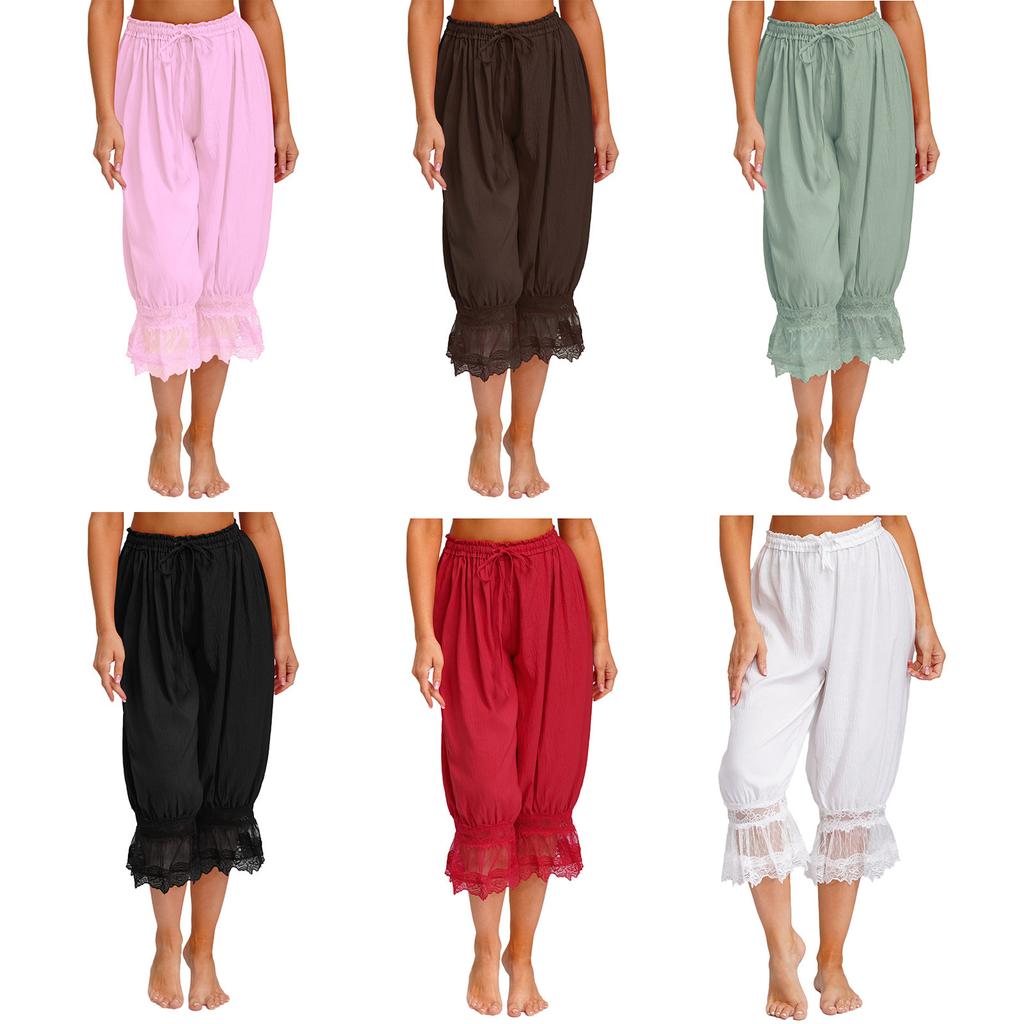 Womens Long Bloomers Loungewear Loose Harem Pants Elastic Waist Drawstring Medieval Style Midi Pants