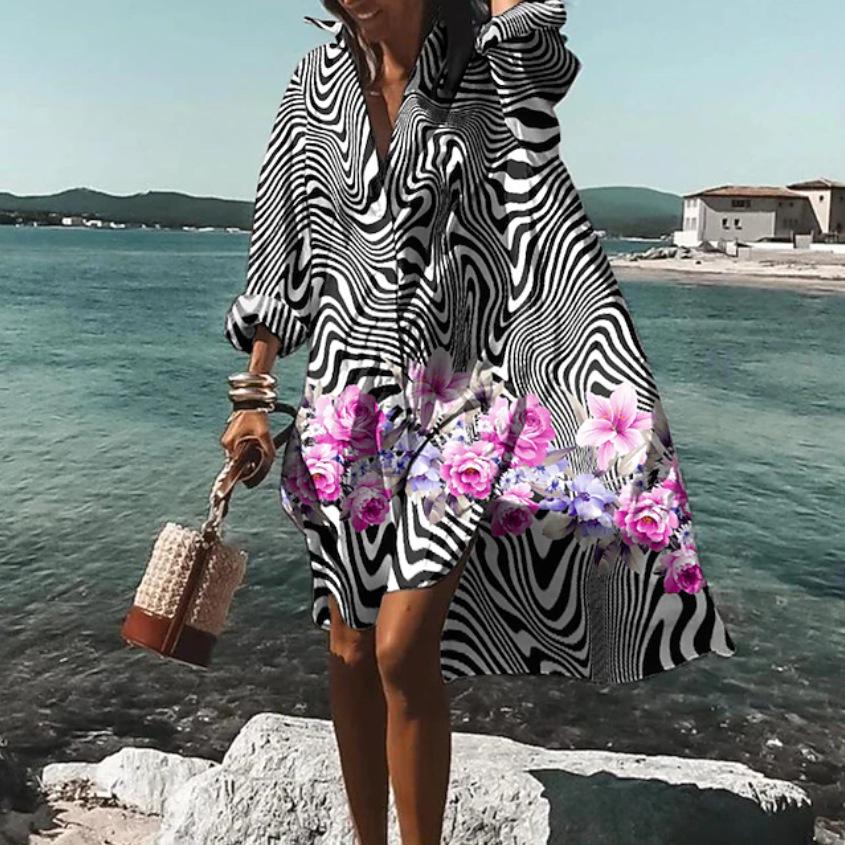 Trendy 3D Floral Print Lapel Long Sleeve Dress