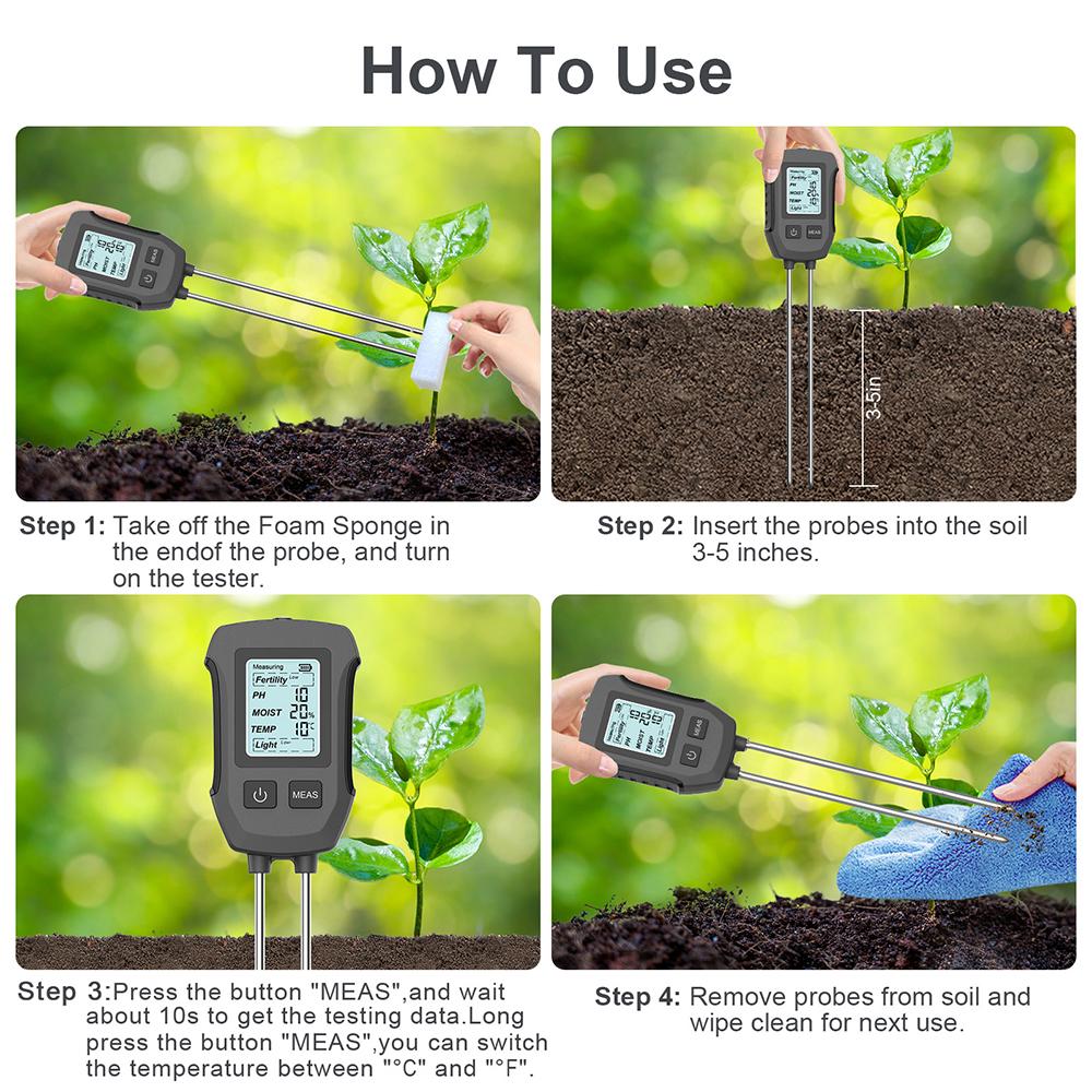 5 In 1 Digital Soil Tester Fertility/Moisture/PH/Temp/Sunlight Meter with Backlight for Plants Lawn Farm Gardening Soli Analyzer