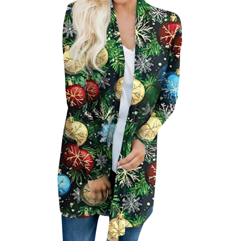 Women's Fashionable And Casual Christmas Printed Mid Length Cardigan Long Sleeved Jacket