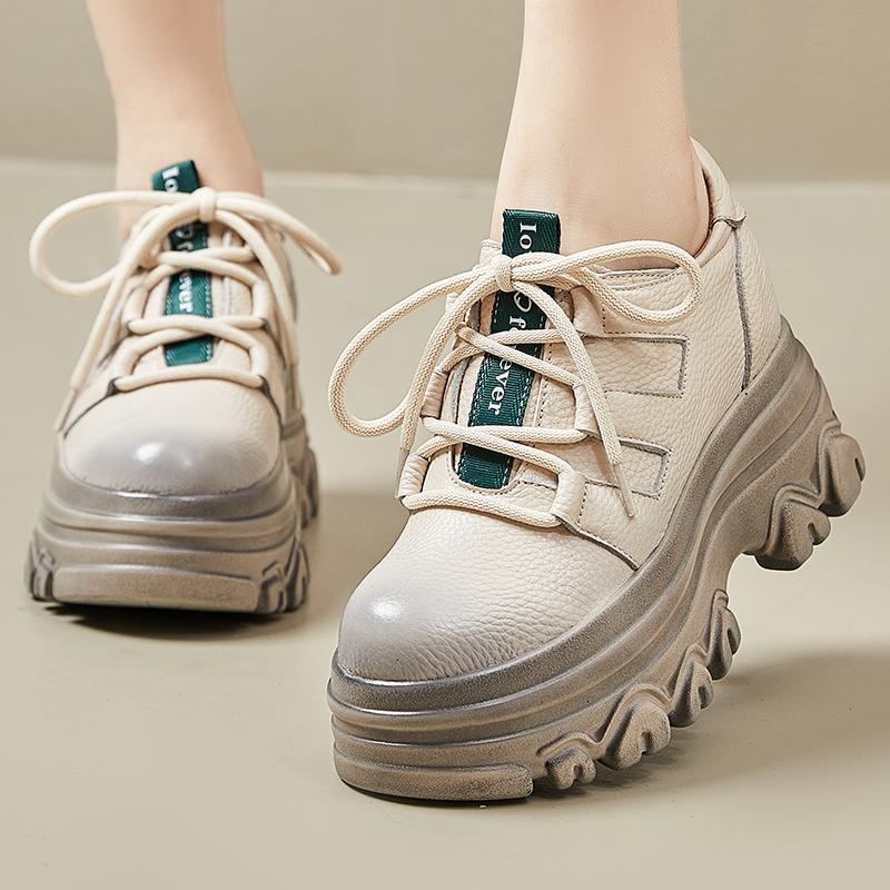 Fashion GKTINOO New Spring Women Loafers Genuine Cow Leather Lace-up Platform Casual Shoes Women Wedges Heel Retro Style Handmade Shoes