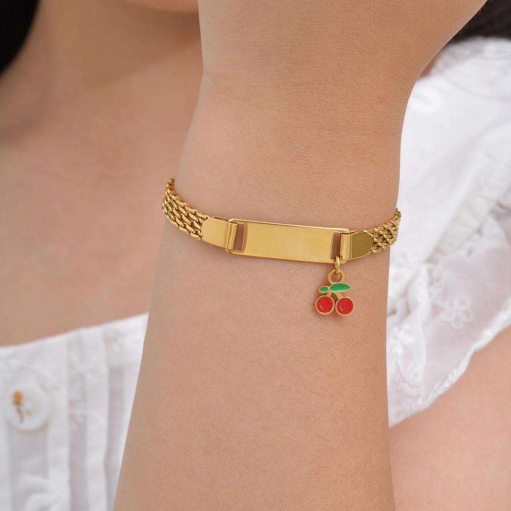 Personalized Customized Name Bracelet for Girl Boy Children, Strawberry Cherry Pendant Stainless Steel ID Bracelet for Kids