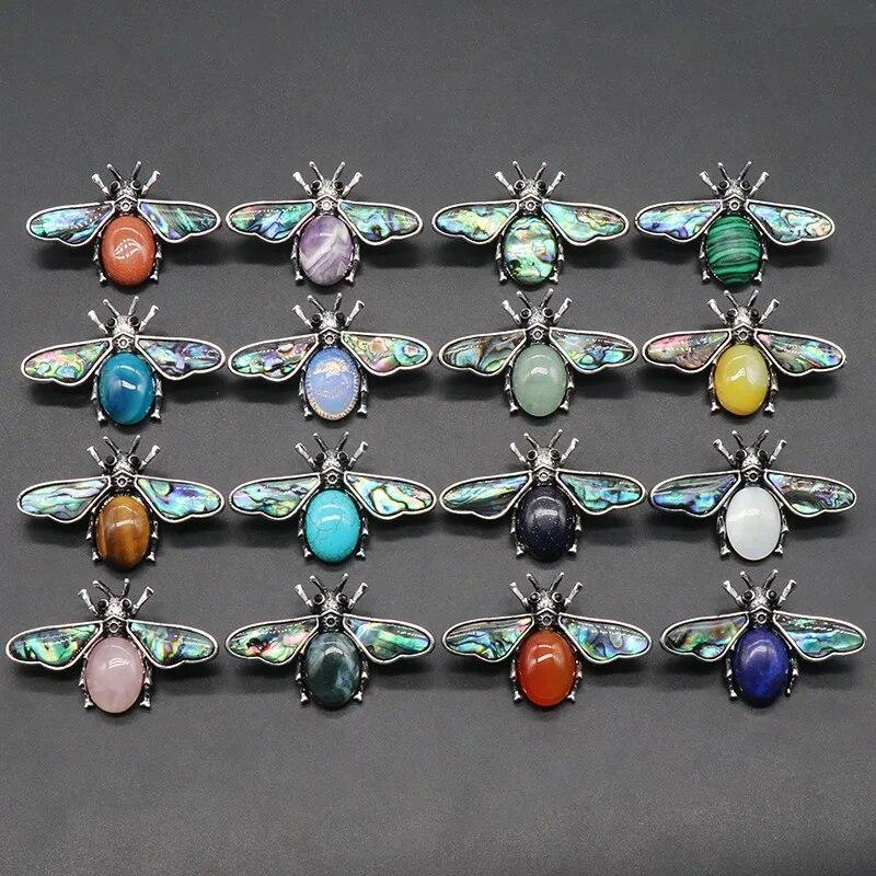 35x56mm Cute Bee Shape Pendant Natural Stone Crystal Agate Abalone Shell Brooch Charms for Jewelry Making DIY Necklace Accessory