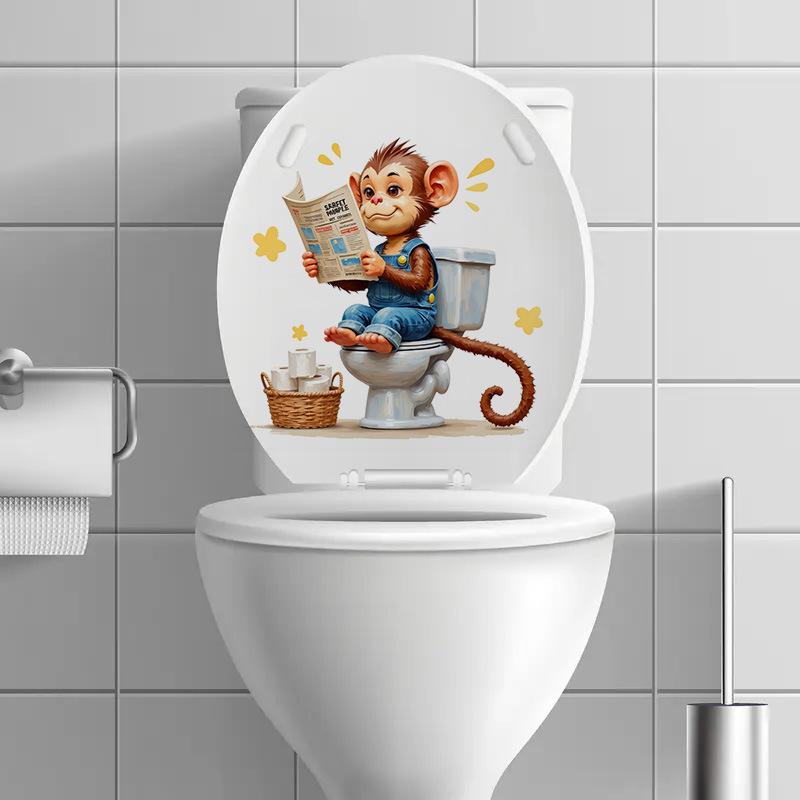 3D Funny Cartoon Monkey Reading Newspaper Toilet Wall Sticker Self-Adhesive Waterproof Removable Bathroom Home Decor Art