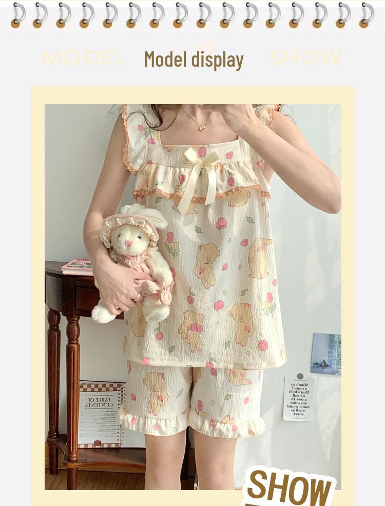 Women's Cloud Cotton Camisole Pajamas with Built-in Bra - Summer Sweet Style, Two-Piece Shorts Set, Wear Indoors or Out.