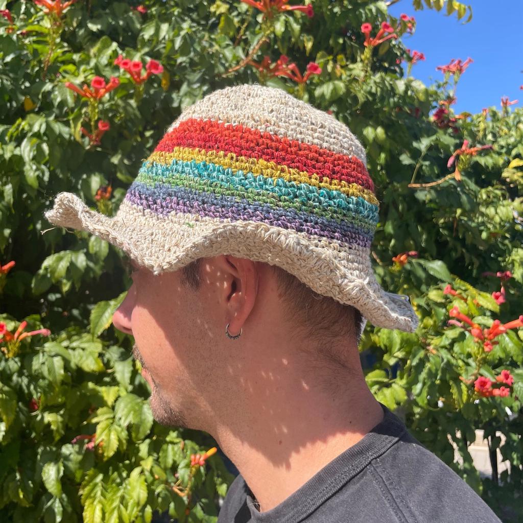 Boho Hat - Hand Knit Hemp Cotton Rainbow