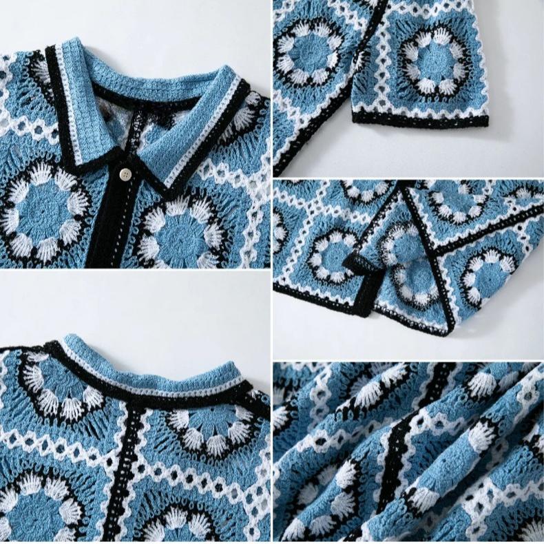 Casual Button Down Shirt for Men Vintage Knitted Golf Beach Collared Shirts Tops Crochet Hollow Out Summer Vacation Top Men's Knit Short Sleeve Shirt