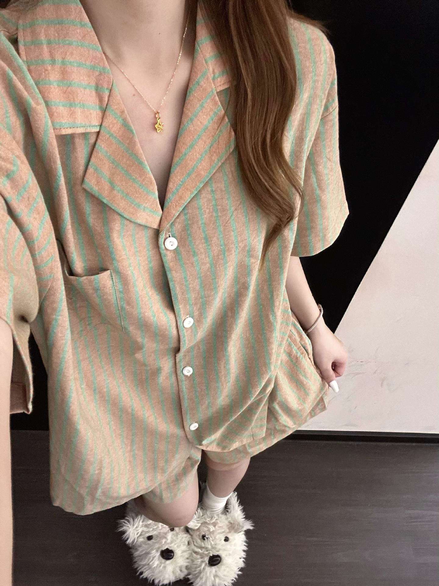 

ins simple style striped pajamas women s summer short-sleeved shorts cardigan two-piece set girl casual loose loungewear S