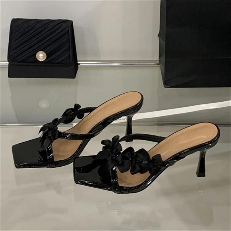 

Eilyken Летние шлепанцы с квадратным носком и бабочкой, элегантные туфли-слайды на тонком высоком каблуке для вечеринок, Zapatos De Mujer 35 чёрный