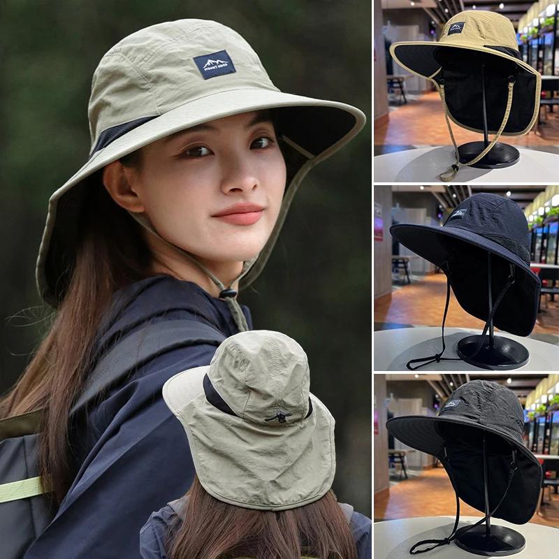 Summer Women Shawl Fisherman Hat Solid Color Plain Color Mesh Air Permeable Ventilated Wide Brim Sun Hat Men Outdoor Hiking Lacing Cap