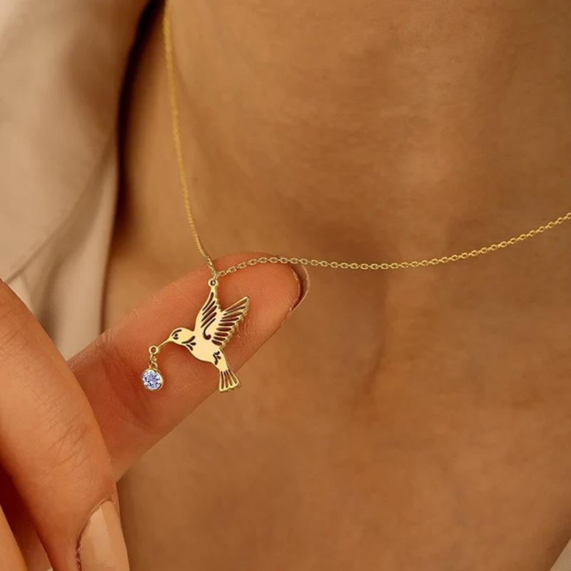 Fashion Crystal Birthstone Hummingbird Pendant Necklace Gold Plated Stainless Steel Bird Jewelry Gifts For Mother