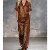 Summer Casual Outfits Female Leopard Print Stripe Contrast Color Two Piece Set for Women Short Sleeve Top & Wide Leg Pants
