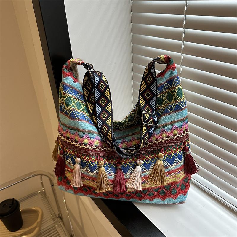 

Female Shoulder Messenger Bag Trend Bag Simple Zipper Handbags Ethnic Style Canvas Small Shoulder Bag 2024 Woven Beach Tote синий