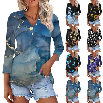 Women's Fashion Casual Long Sleeve Floral Print V-Neck Button Top