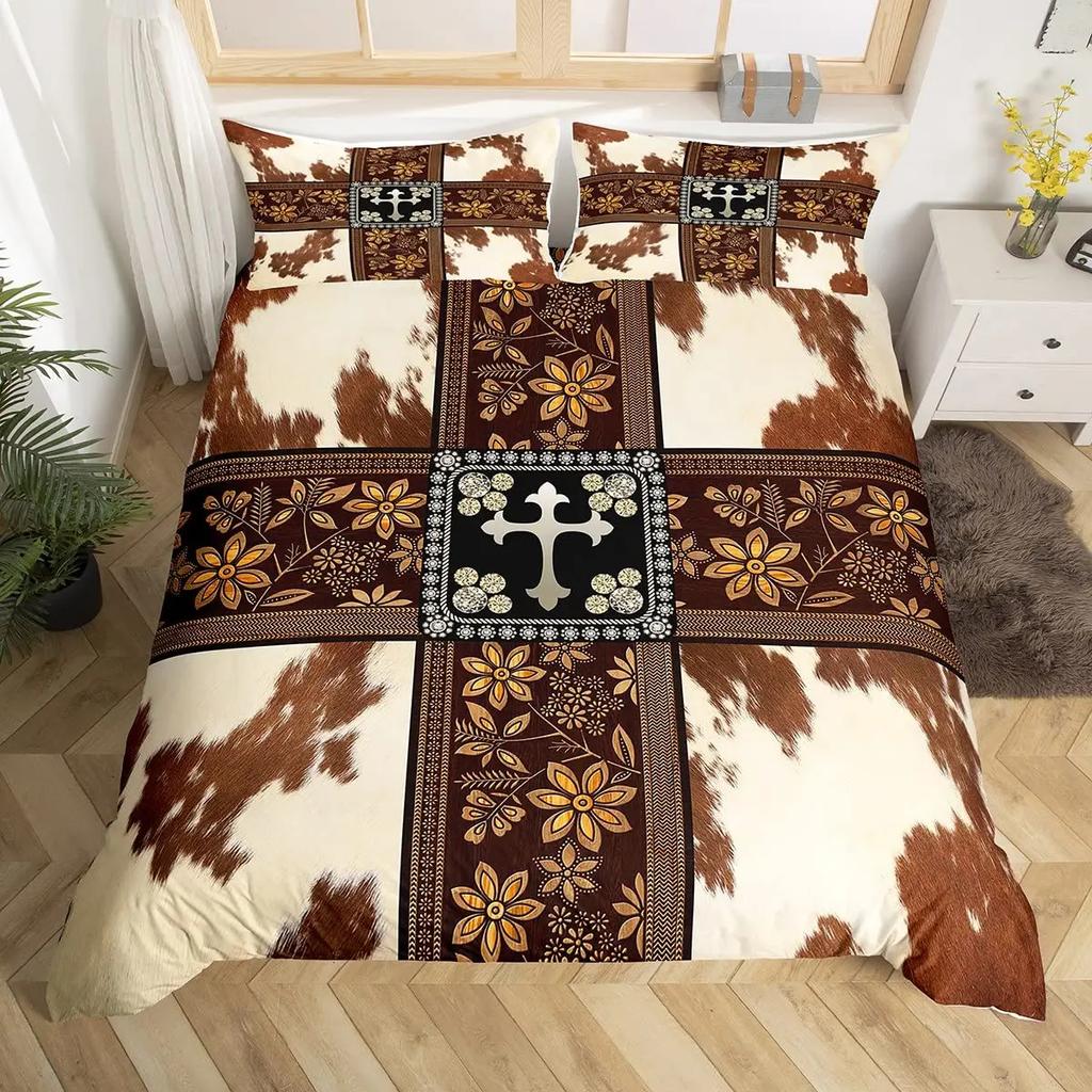 Cow Print Duvet Cover Queen Vintage Floral Bedding Set For Girls Boys Men Western Farmhouse Animal Bull Cattle Skin Quilt Cover