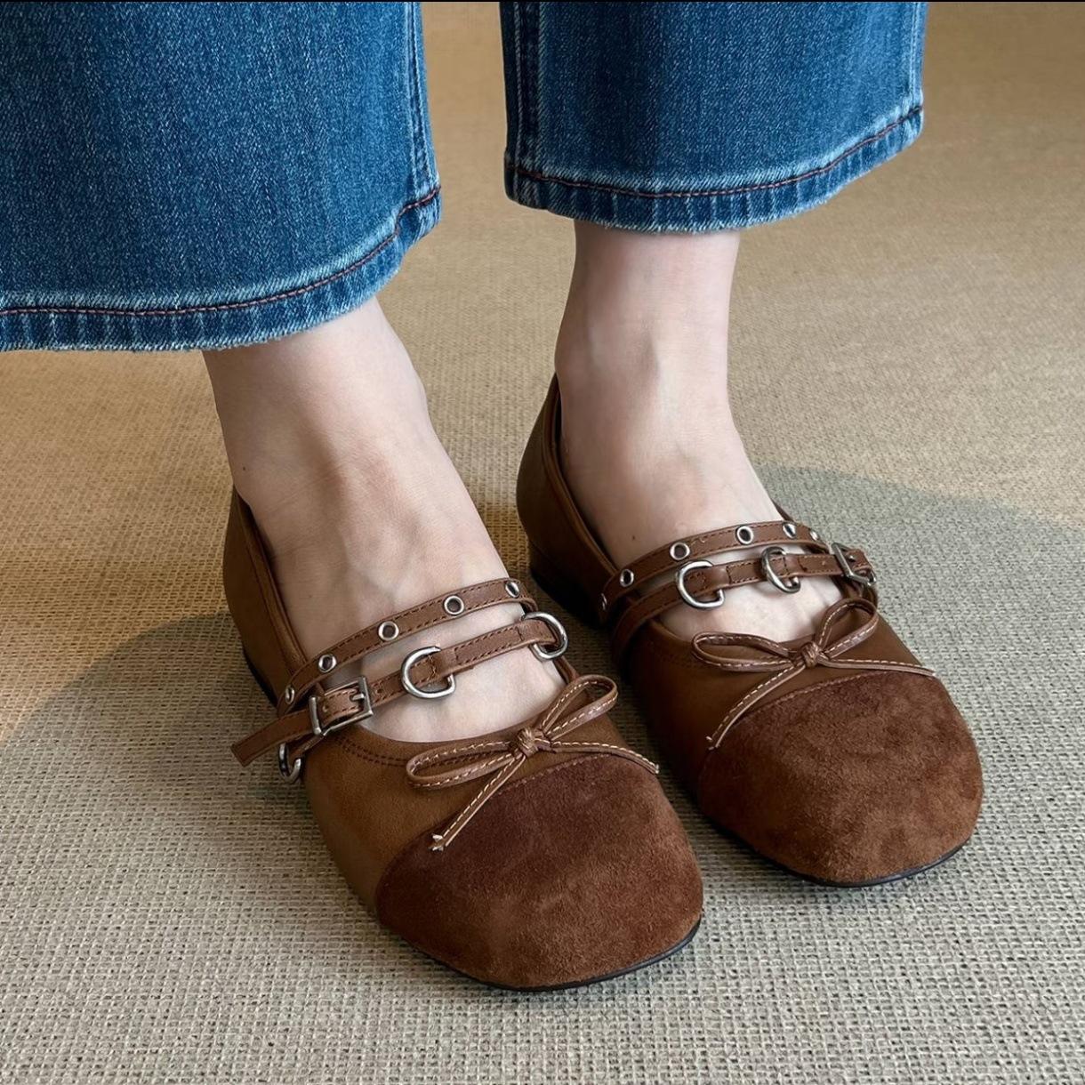 

Sheepskin version~ Soft leather Mary Jane shoes 2025 autumn and summer new small single shoes women s flat brown bow beanie shoes 35 коричневый