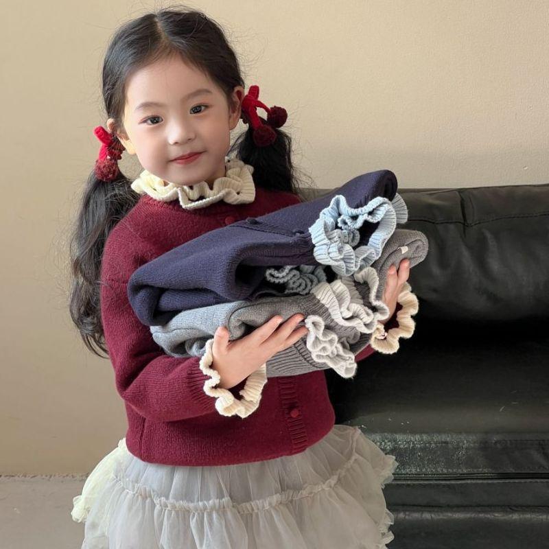 Girls Autumn Winter Thickened Fleece Knit Sweater Korean Ruffle Hem Warm Top