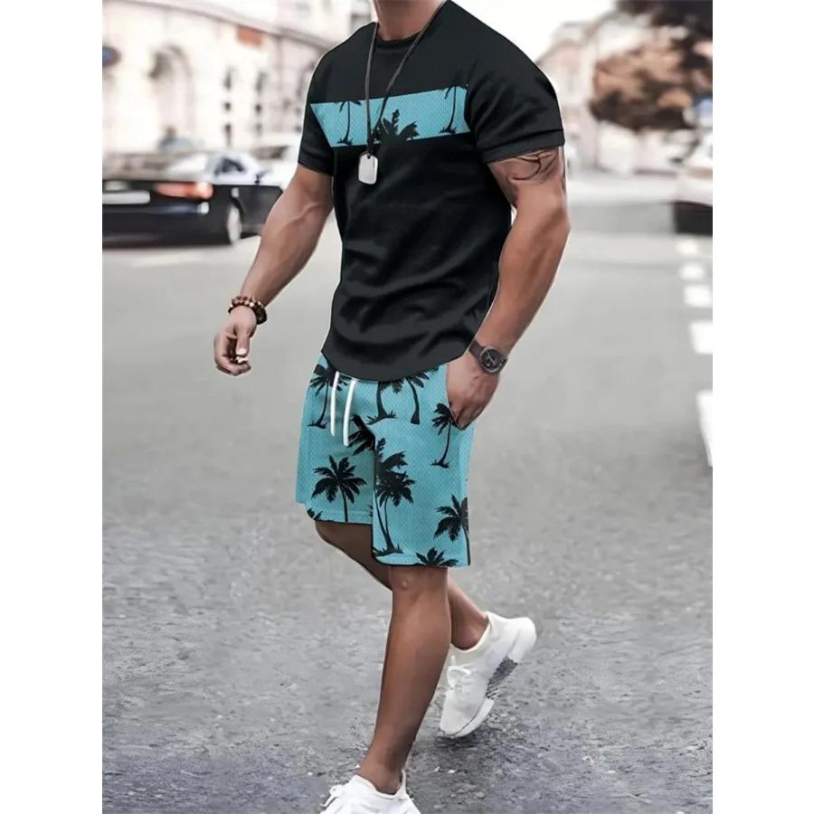 Summer Men's Sailor Short Sleeve Set Anchor Print Pattern Short Sleeve Shorts Set Men's Crew Neck T-Shirt and Drawstring Shorts