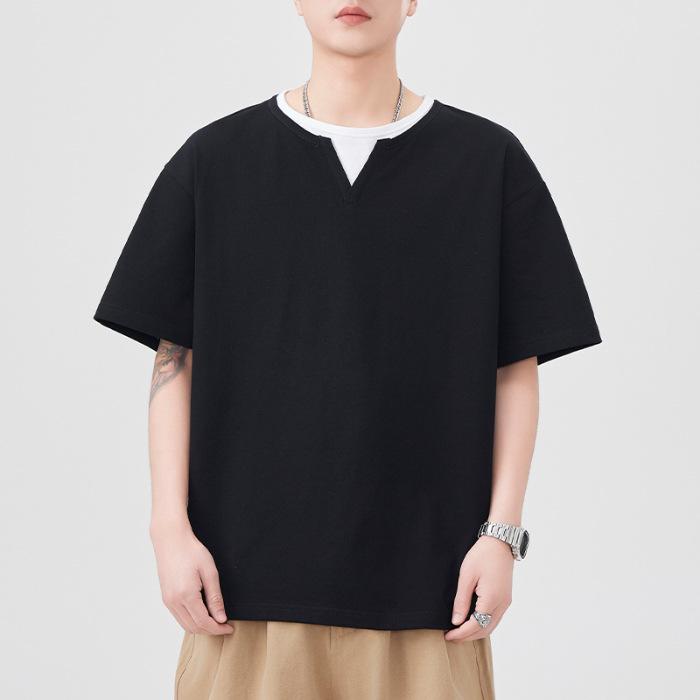 

Летняя новая футболка с коротким рукавом, мужская свободная футболка с V-образным вырезом, футболка-обманка из двух частей, свободный японский ретро-стиль 4XL чёрный