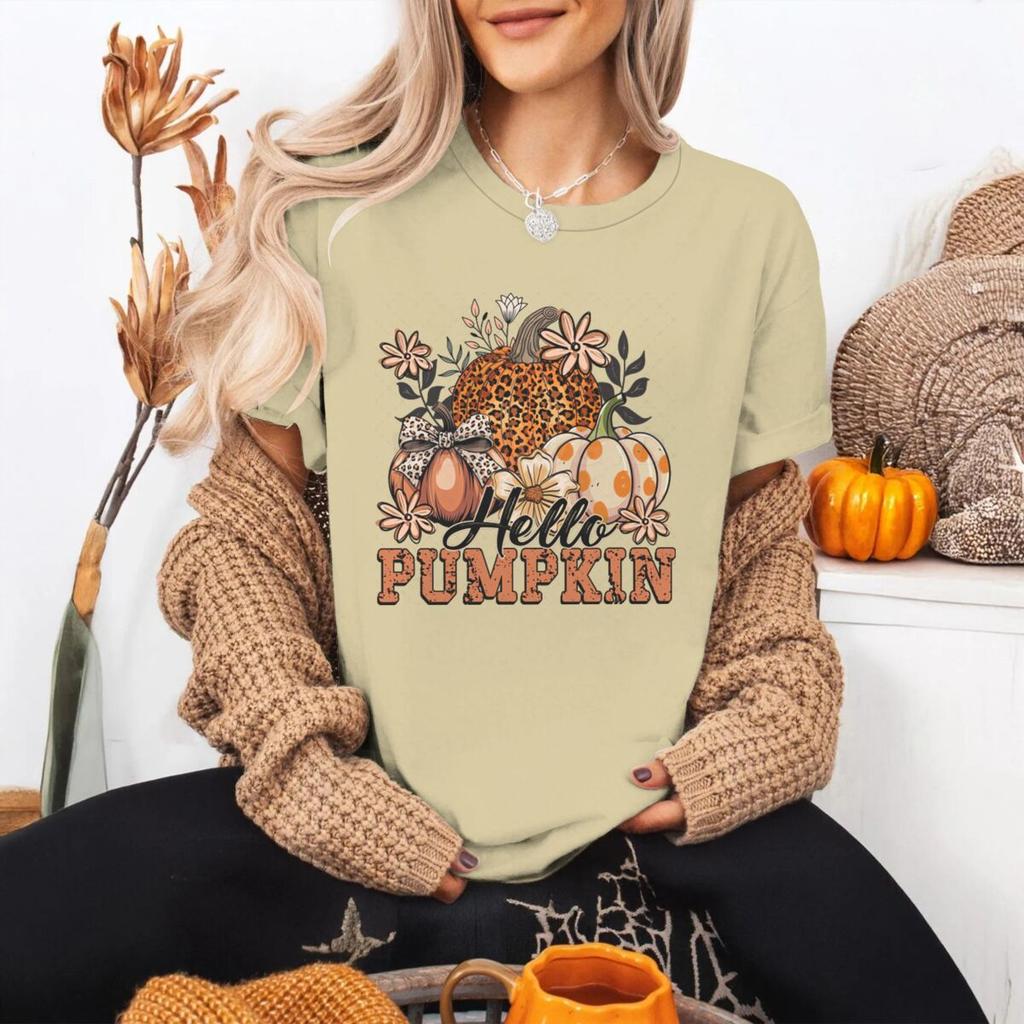 Hello Pumpkin Tshirt FeUnisex Halloween Fall Leopard Pumpkin Coquette Bow Graphic T Shirts Spooky Season Short Sleeve Tee Top