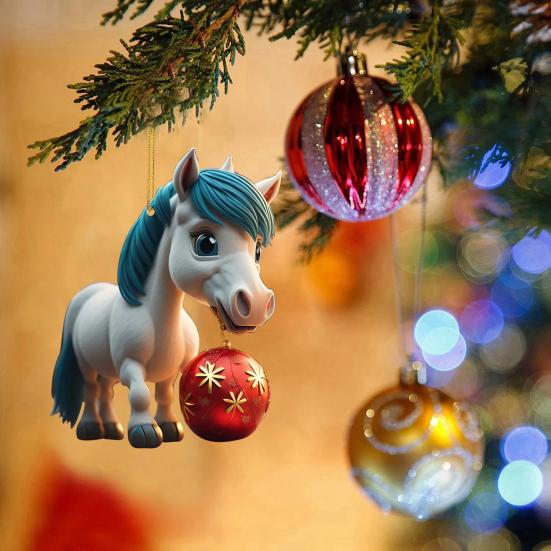 Horse Christmas Ornament Cartoon 2D Flat Horse Hanging Ornament with Santa Hat And Christmas Balls Acrylic Car Rear View Mirror Charm