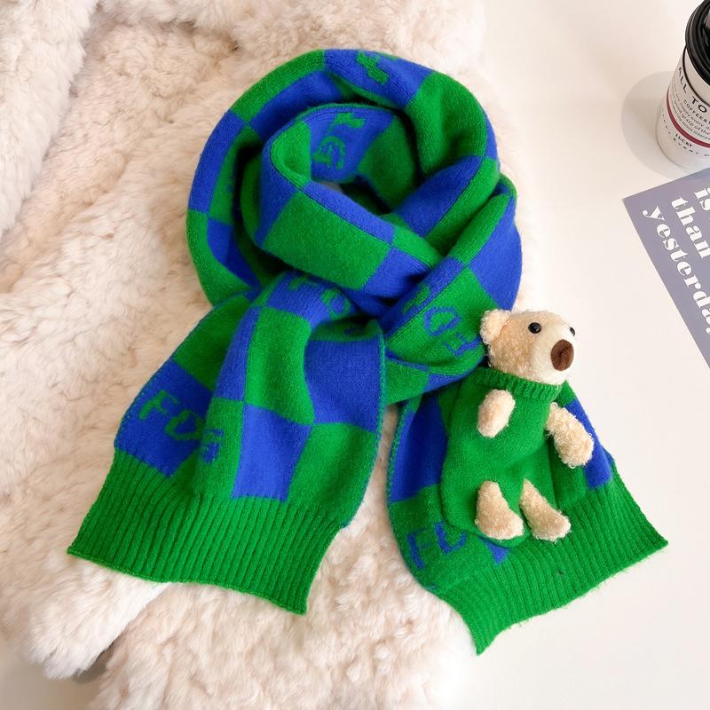 Christmas red scarf bear checkerboard wool small scarf women's winter white warm knitted scarf