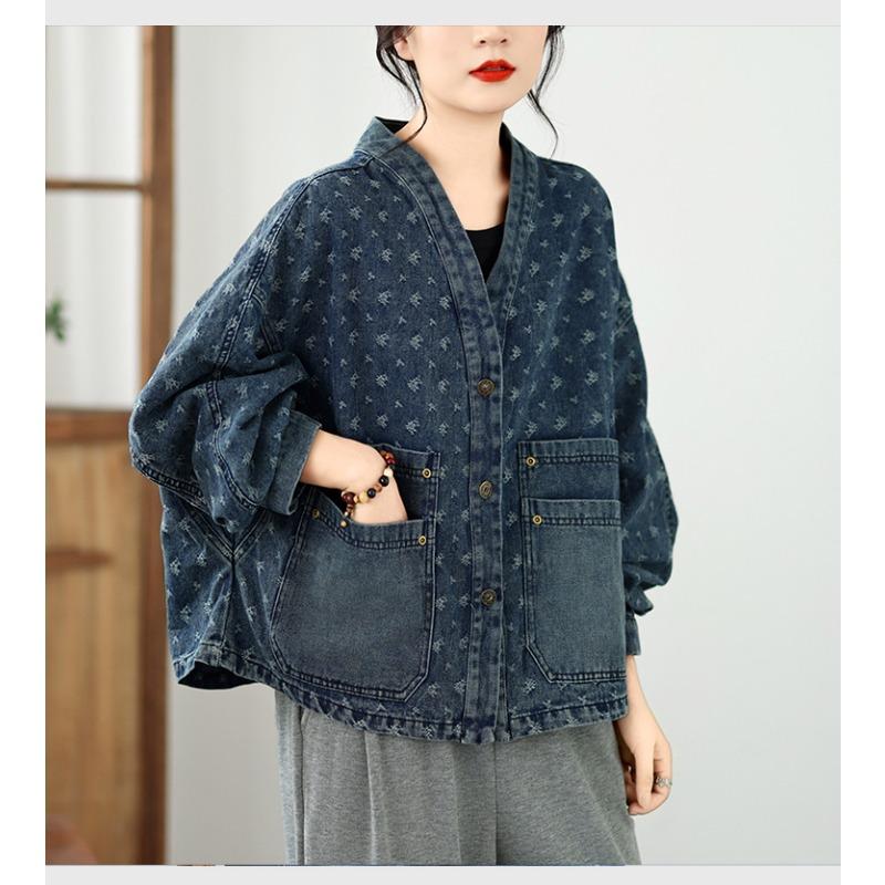 DIMANAF 2026 Herbst Winter Jeansjacken Mantel Print Floral Blau Lässig Langarm Damen Übergröße Locker Knöpfe Taschen Vintage Oberbekleidung