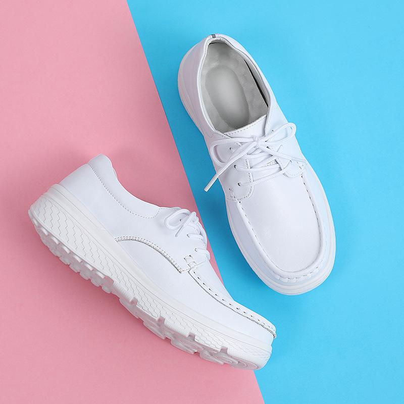 GKTINOO Women's Walking Shoes Loafers Wedges Lace-up Genuine Leather Shoes Thick Bottom Comfortable Nurse Work Shoes White