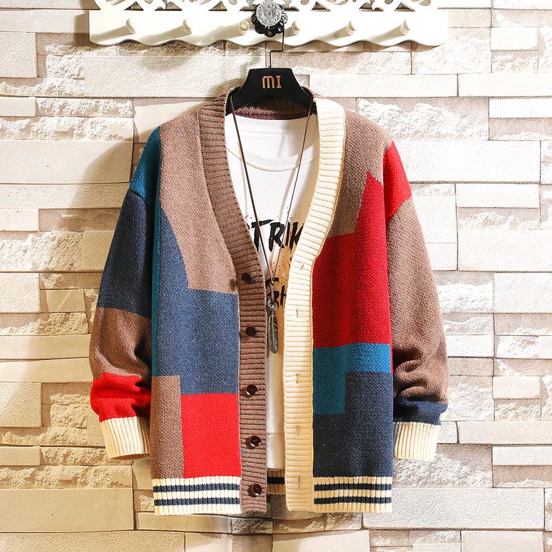 Men's V-Neck Knitted Cardigan Sweater - Autumn/Winter Fashion, Loose-Fit, Long-Sleeved, Stylish Stitch Design.
